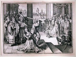 Anna Boleyn tekin af lífi. Mynd eftir De Bry J. T. frá 1630.